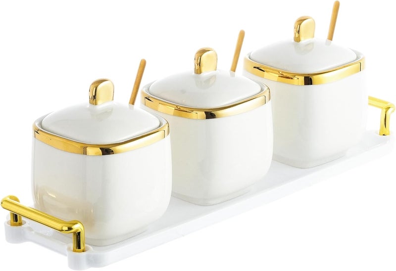 EABOSON 3 Pack Gold Condiment Spice Jars with Lids, Spoons, Tray - Ceramic Seasoning Box Set for Salt, Pepper, Sugar - Kitchen Storage - Image 1